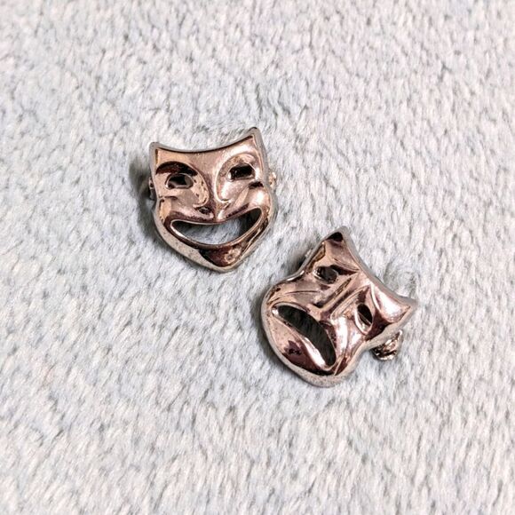 Vintage 70's Rhodium Plated Comedy and Tragedy Small Scatter Pins - Picture 3 of 11